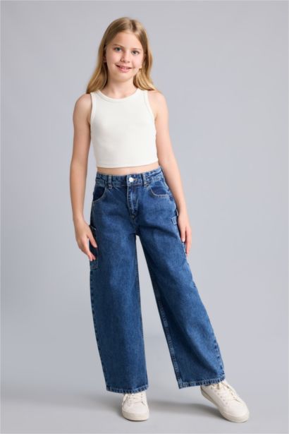 %100 Pamuk Baggy Fit Jean Pantolon Kız Çocuk
