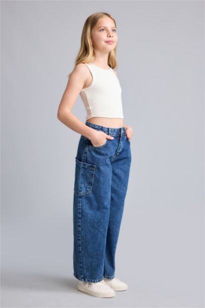 %100 Pamuk Baggy Fit Jean Pantolon Kız Çocuk