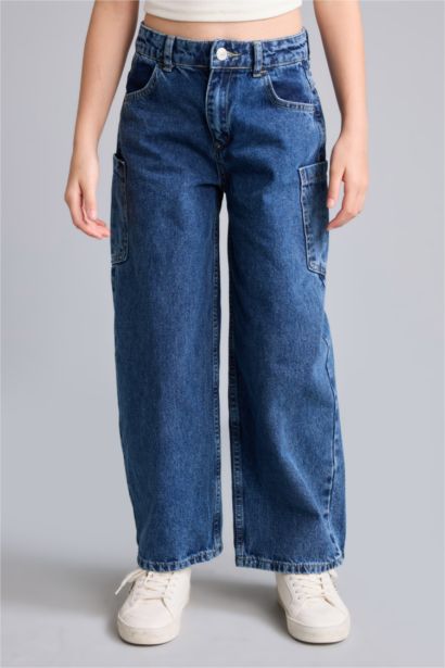 %100 Pamuk Baggy Fit Jean Pantolon Kız Çocuk