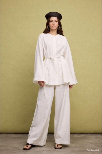 Regular Fit Ecru Linen Blend Long Sleeve Tunic