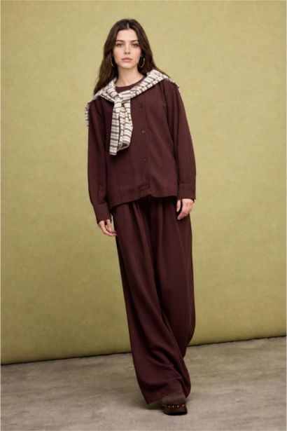 Regular Fıt Geniş Paça Keten Karışımlı Pantolon