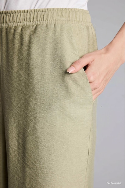 Relax Fit Kaki High Waist Crinkle Fabric Trousers