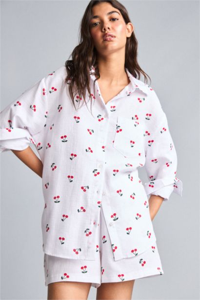 Oversize Uzun Kollu Müslin Baskılı Gömlek