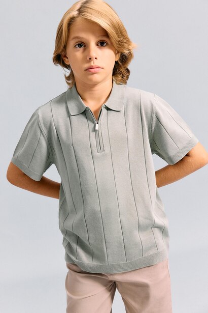 Boy Half-Zip Short Sleeves Textured Knit Polo T-Shirt