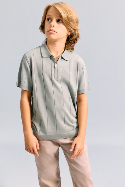 Boy Half-Zip Short Sleeves Textured Knit Polo T-Shirt