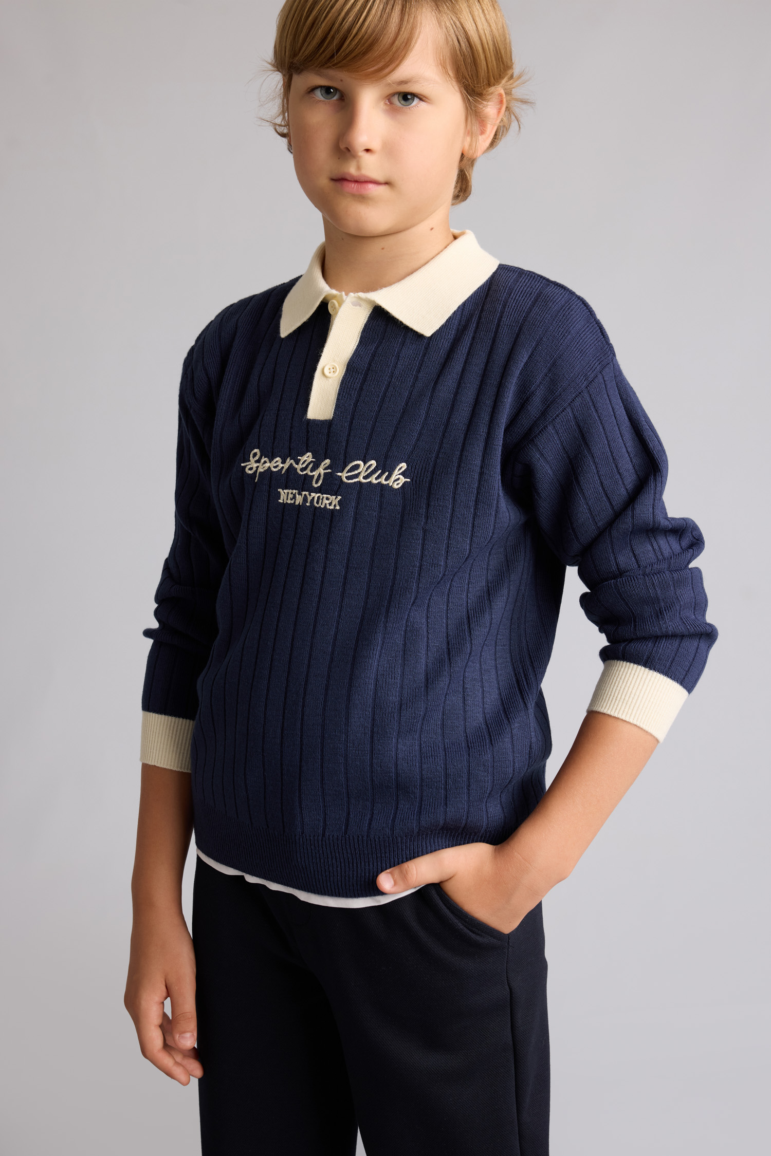Boy Regular Fit Navy Knit Polo Collar Sweater