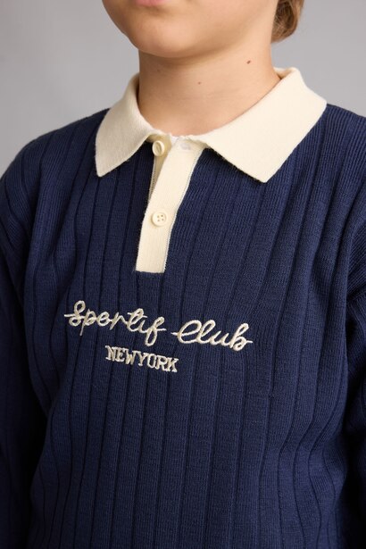 Boy Regular Fit Navy Knit Polo Collar Sweater