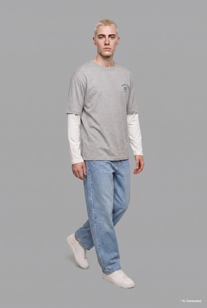 Boxy Fit Printed Crew Neck Long Sleeve T-Shirt