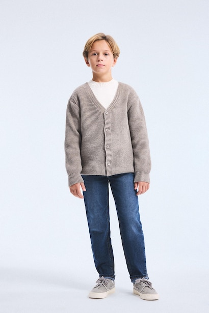 Boy V-Neck Ribbed Basic Knit Cardigan
