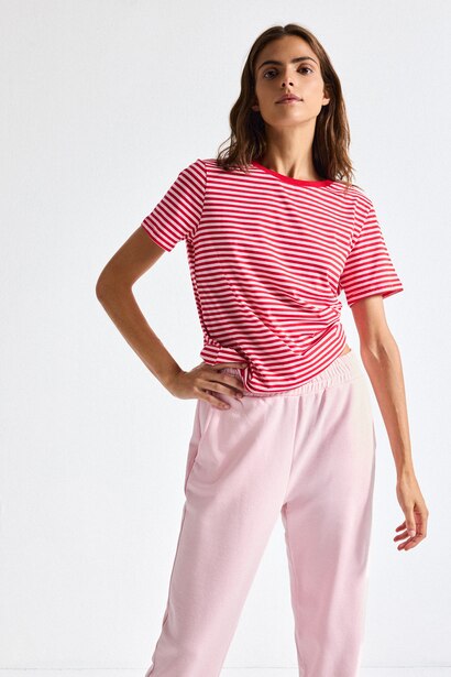 Regular Fit Crew Neck Striped Cotton Red T-Shirt