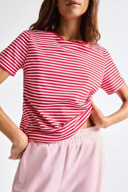 Regular Fit Crew Neck Striped Cotton Red T-Shirt