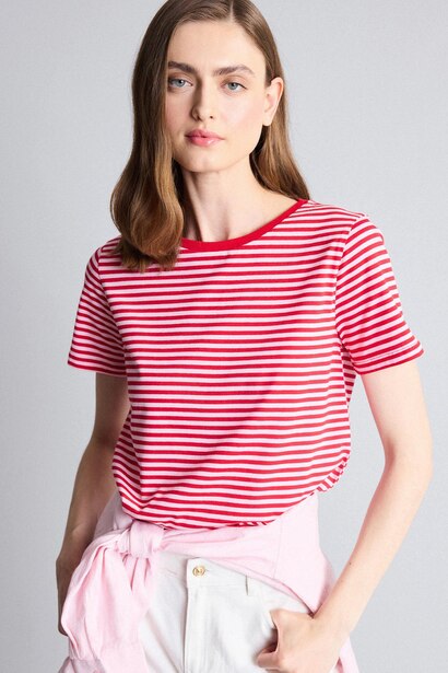 Regular Fit Crew Neck Striped Cotton Red T-Shirt
