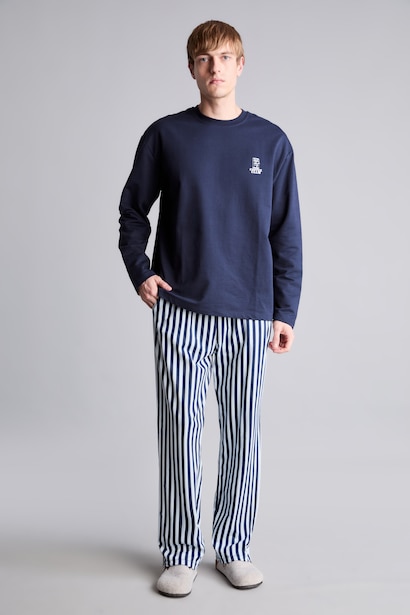 Regular Fit 100% Cotton Long Sleeve Crew Neck Top and Striped Trousers Pajama Set