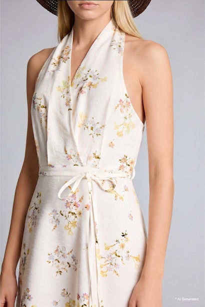 Halter Collar Printed Midi Dress