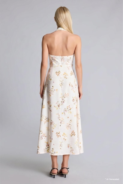 Halter Collar Printed Midi Dress