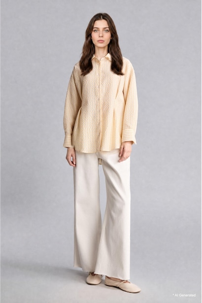 Regular Fit Uzun Kollu Kırışık Dokulu Kareli Tunik