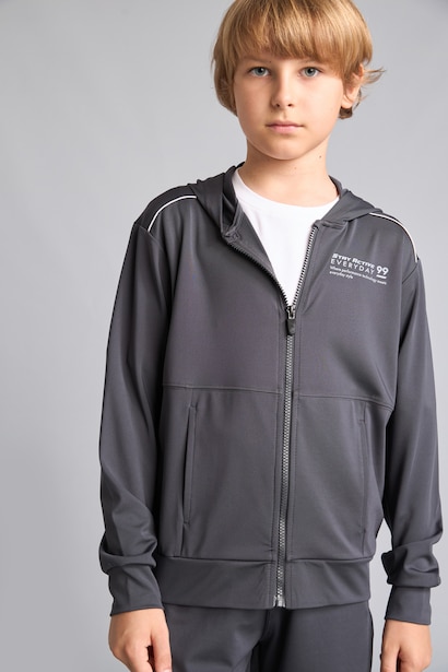 Boy Anthracite Scuba Printed Zip-Up Hooded Sweatshirt