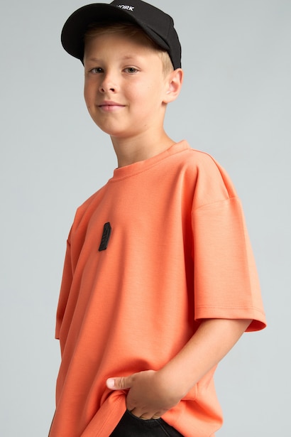 Boy Oversize Fit Orange Printed Back Modal Crew Neck Short Sleeve T-Shirt