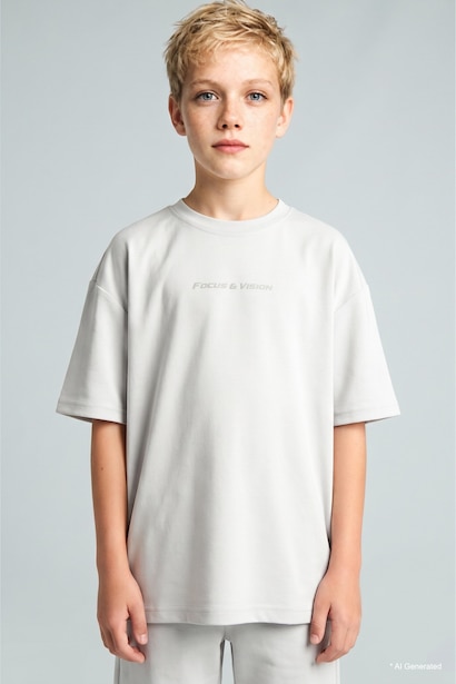 Boy Oversize Fit Light Grey Printed Modal Short Sleeve T-Shirt