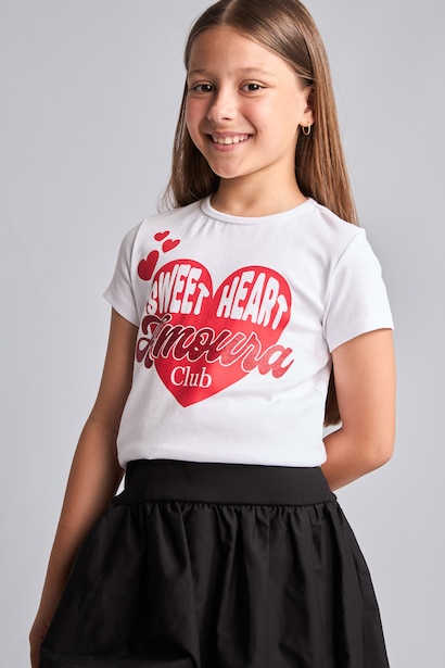 Girl White Ribana Printed Crew Neck Short Sleeve T-Shirt