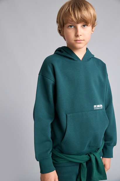 Boy Regular Fit Hooded Slogan Print Fleece Lined Thick Sweatshirt