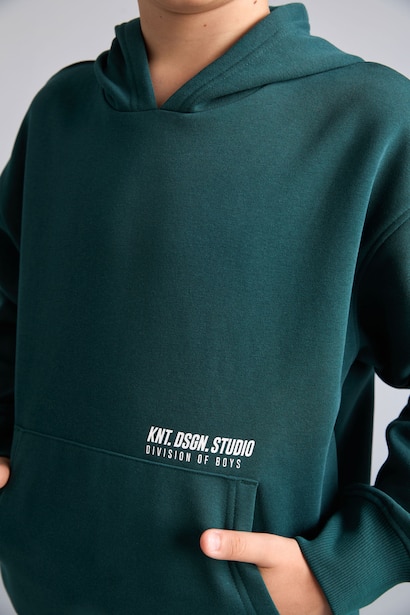 Boy Regular Fit Hooded Slogan Print Fleece Lined Thick Sweatshirt