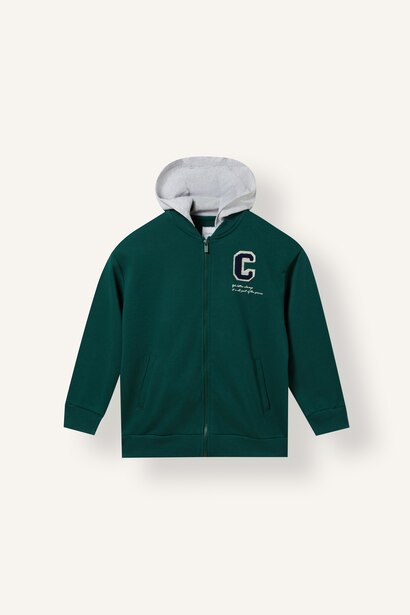 Boy Green Printed Cotton Hooded Zip-Up Cardigan