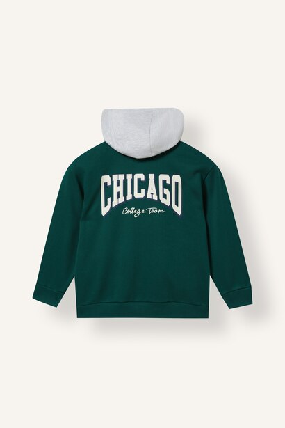 Boy Green Printed Cotton Hooded Zip-Up Cardigan