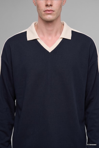 Boxy Fit Şeritli Polo Yaka Basic Sweatshirt