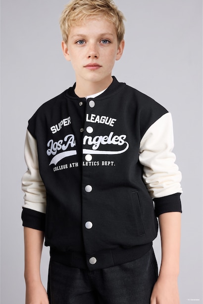 Boy Printed Snap-Button Varsity Collar Cardigan
