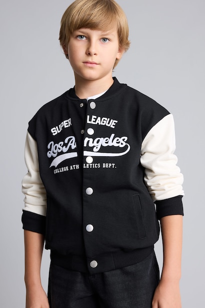 Boys Printed Snap-Button Varsity Collar Cardigan