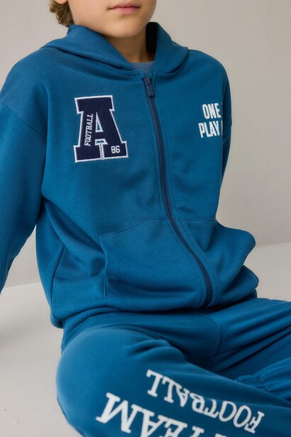 Boy Indigo Printed Zip-Up Hooded Sweatshirt