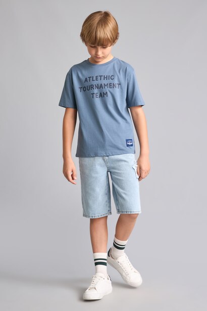 Boy Regular Fit 100% Cotton Blue Printed Short Sleeve T-Shirt