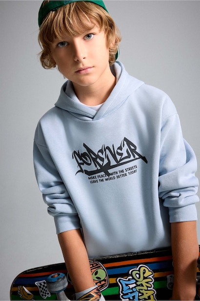 Boy Oversize Fit Hooded Printed Soft Fleece Sweatshirt