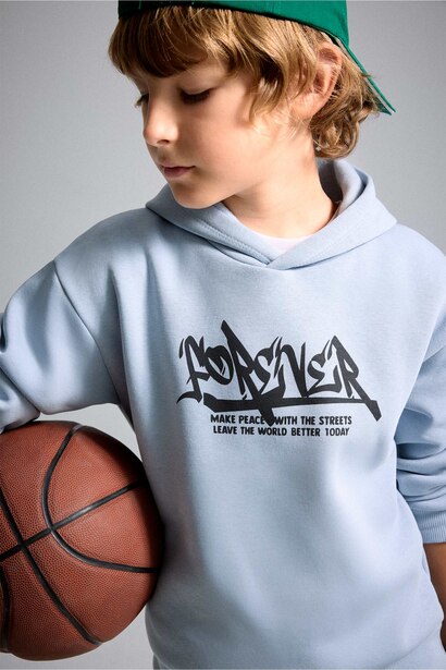 Boy Oversize Fit Hooded Printed Soft Fleece Sweatshirt