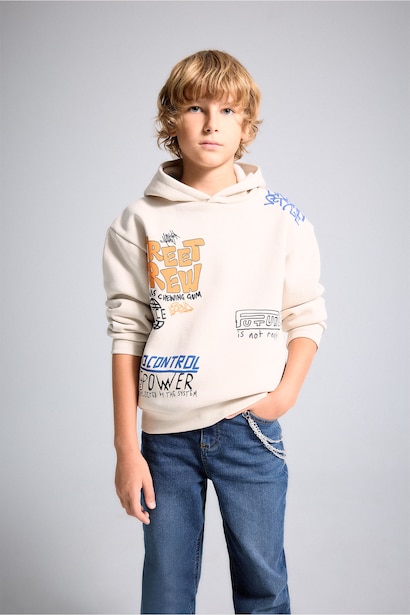 Baskılı Kapüşonlu Oversize Sweatshirt Erkek Çocuk