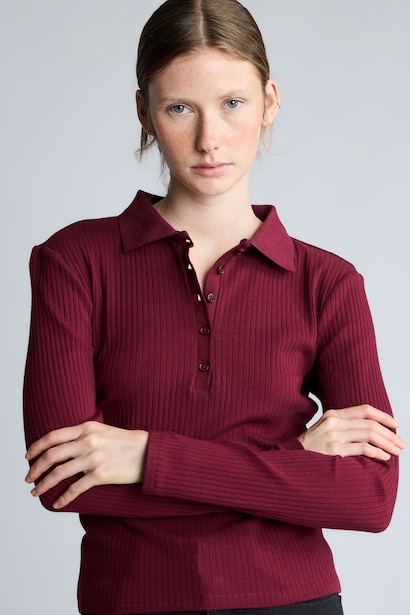 Slim Fit Polo Collar Basic Camisole Long Sleeve T-Shirt