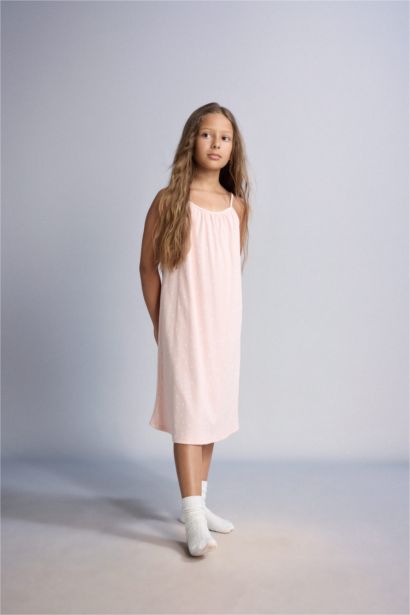Girl Patterned Strappy Ribbed Light Pink Dress