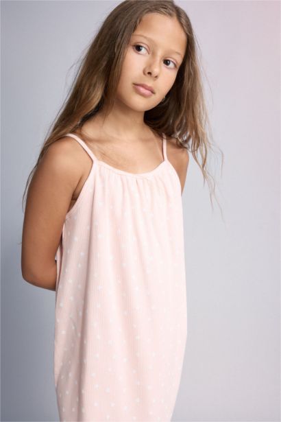 Girl Patterned Strappy Ribbed Light Pink Dress