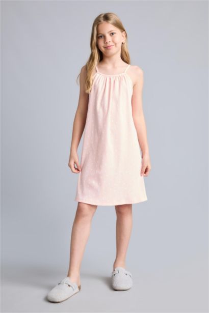 Girl Patterned Strappy Ribbed Light Pink Dress