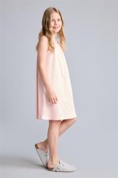Girl Patterned Strappy Ribbed Light Pink Dress