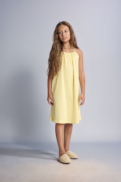 Girl Patterned Strappy Ribbed Yellow Dress