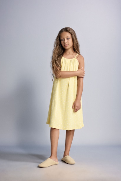 Girl Patterned Strappy Ribbed Yellow Dress