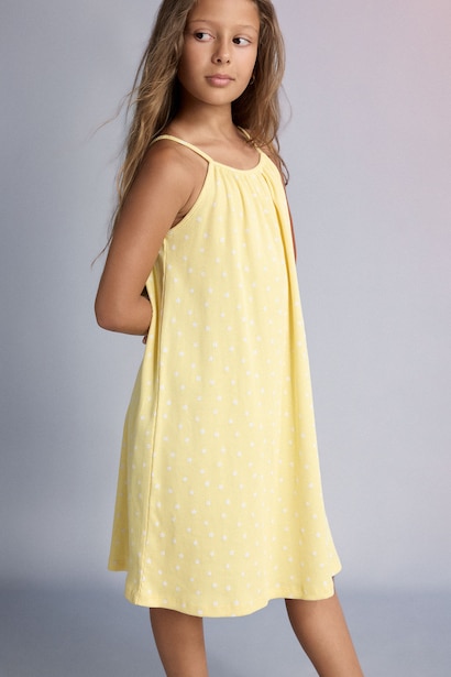 Girl Patterned Strappy Ribbed Yellow Dress