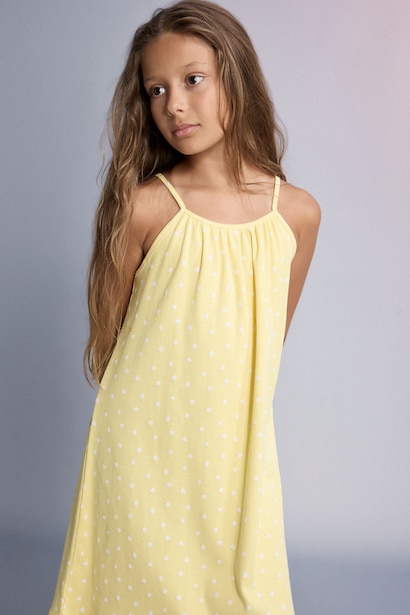 Girl Patterned Strappy Ribbed Yellow Dress