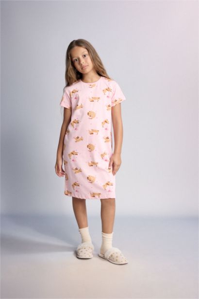 Girl Dog Print Short Sleeve Pink Dress
