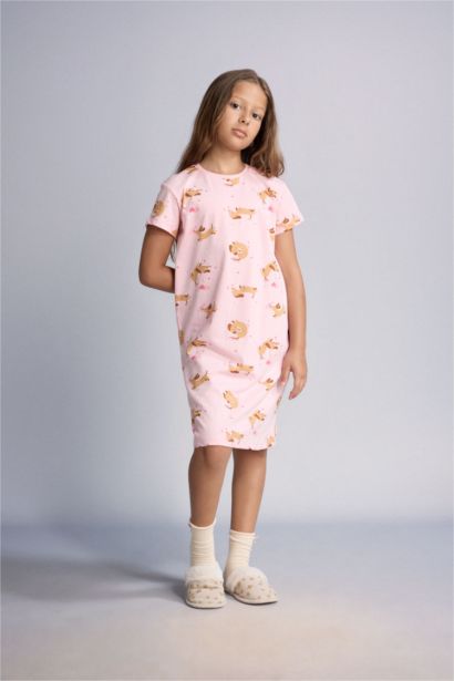 Girl Dog Print Short Sleeve Pink Dress