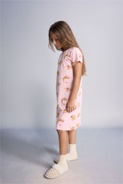 Girl Dog Print Short Sleeve Pink Dress