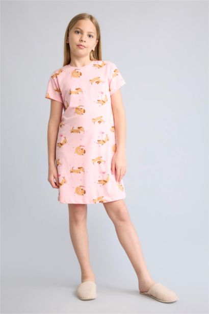 Girl Dog Print Short Sleeve Pink Dress