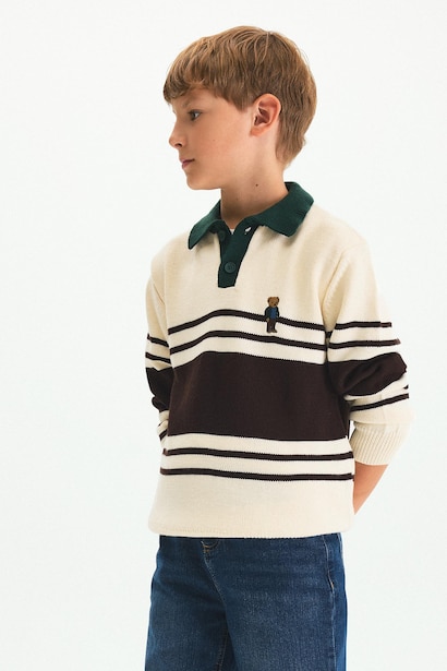 Oversize Çizgili Ayıcıklı Polo Yaka Kazak